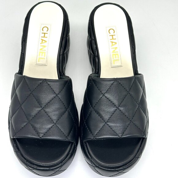 CHANEL 24P Quilted Leather Open Toe Wedge Heel Mule Slide Platform Sandal - Picture 5 of 15